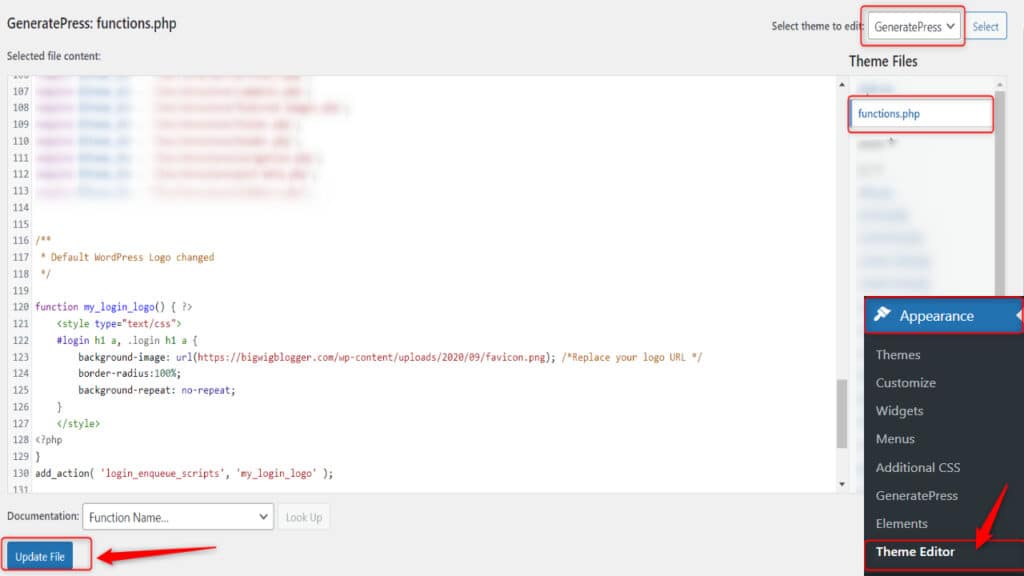 Editing Function.php file in Theme Editor